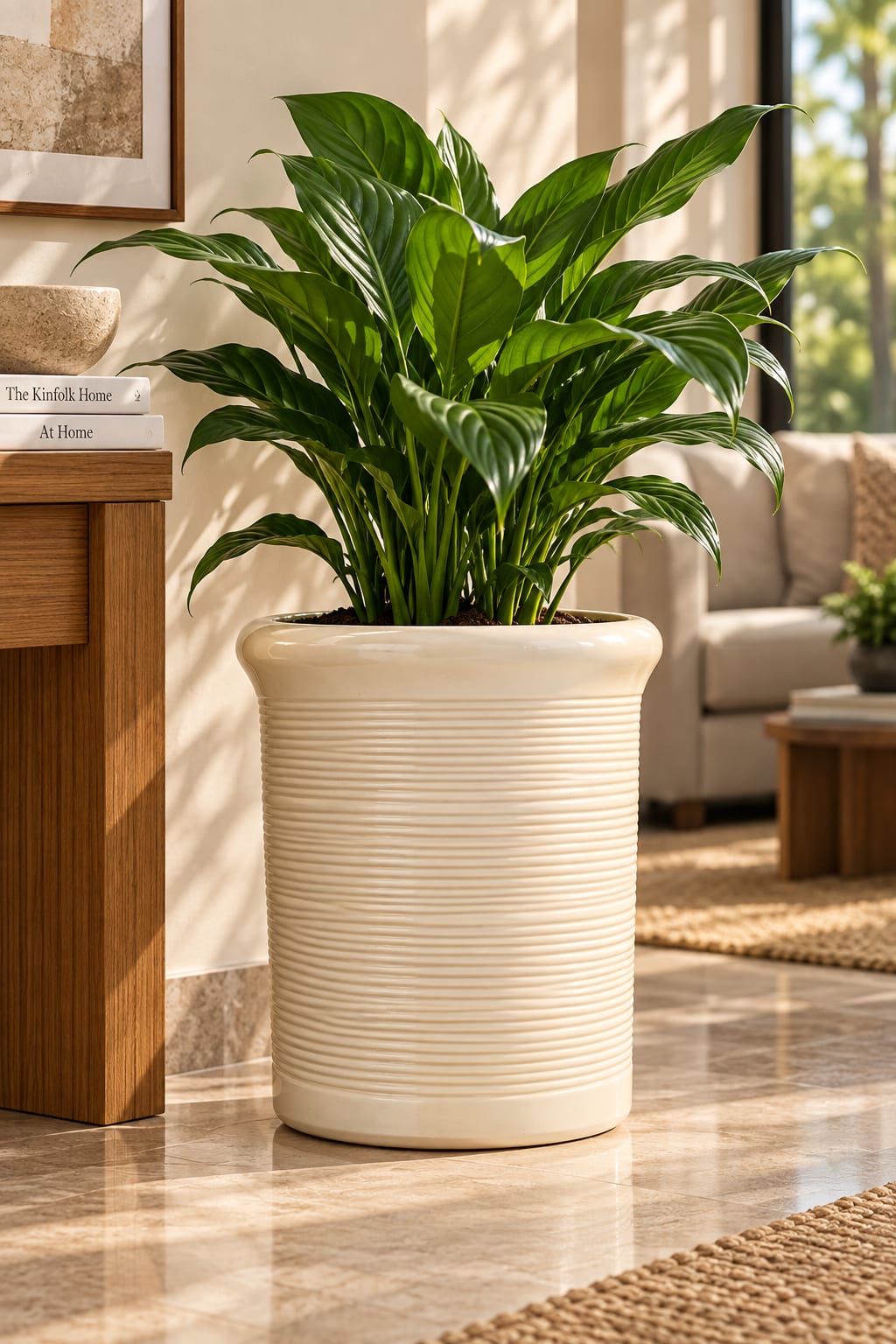 Ivory Linear Ribbed Floor Planter